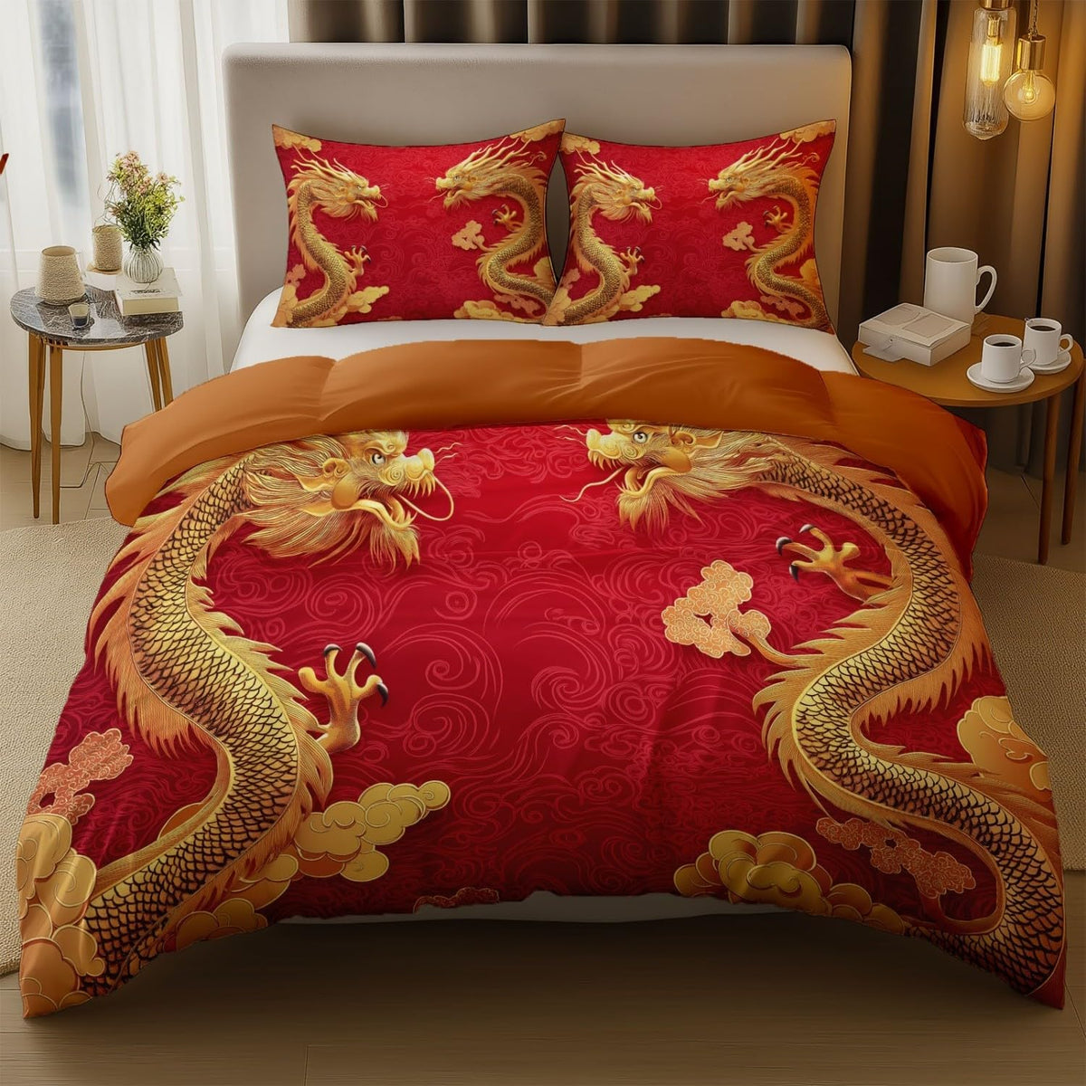Golden Dragon Oriental Microfiber Bedding Set