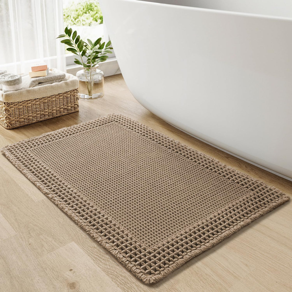 Waffle Tasseled Absorbent Non‑Slip Bathroom Rug