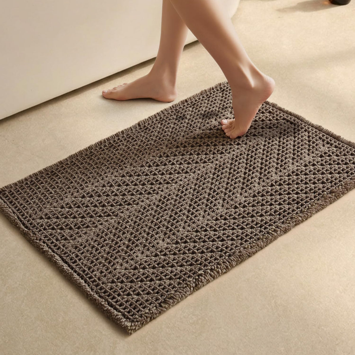Herringbone Waffle Non‑Slip Boho Bathroom Rug
