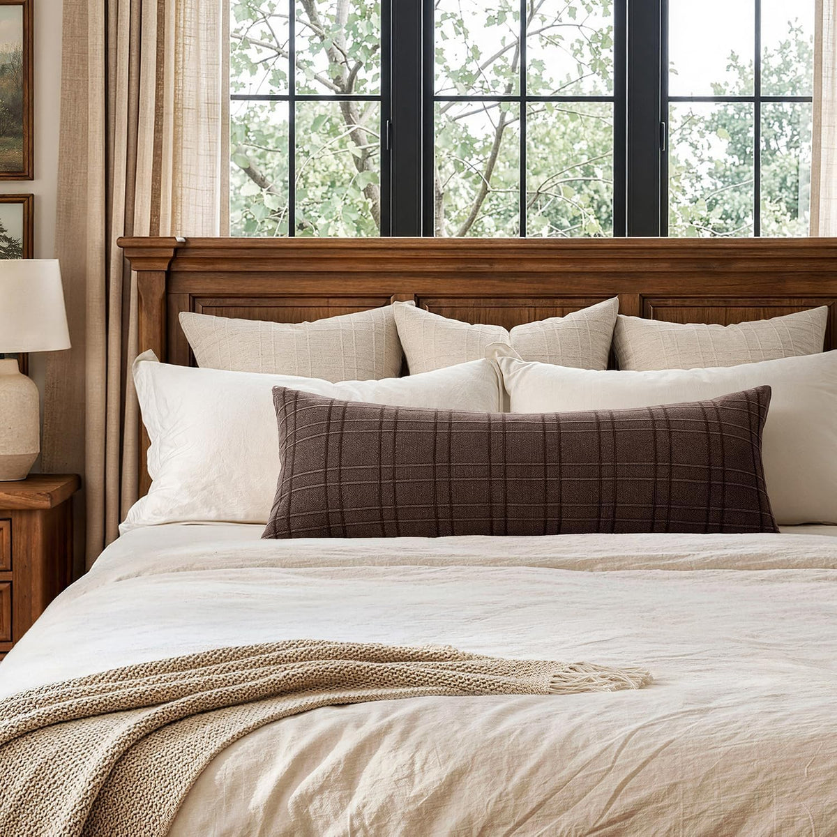 Farmhouse Check Linen Lumbar Pillow Cover