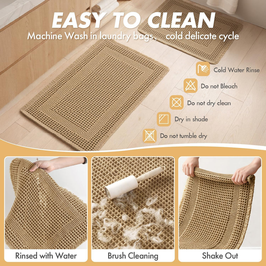 Waffle Absorbent Non‑Slip Boho Bathroom Rug Set