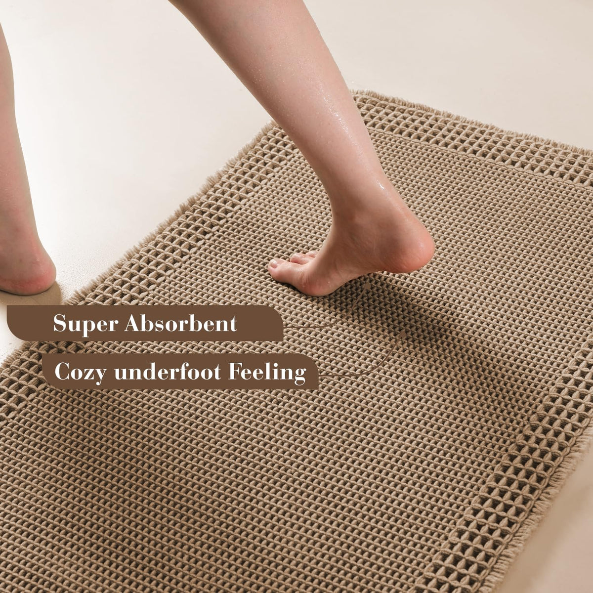 Waffle Tasseled Absorbent Non‑Slip Bathroom Rug