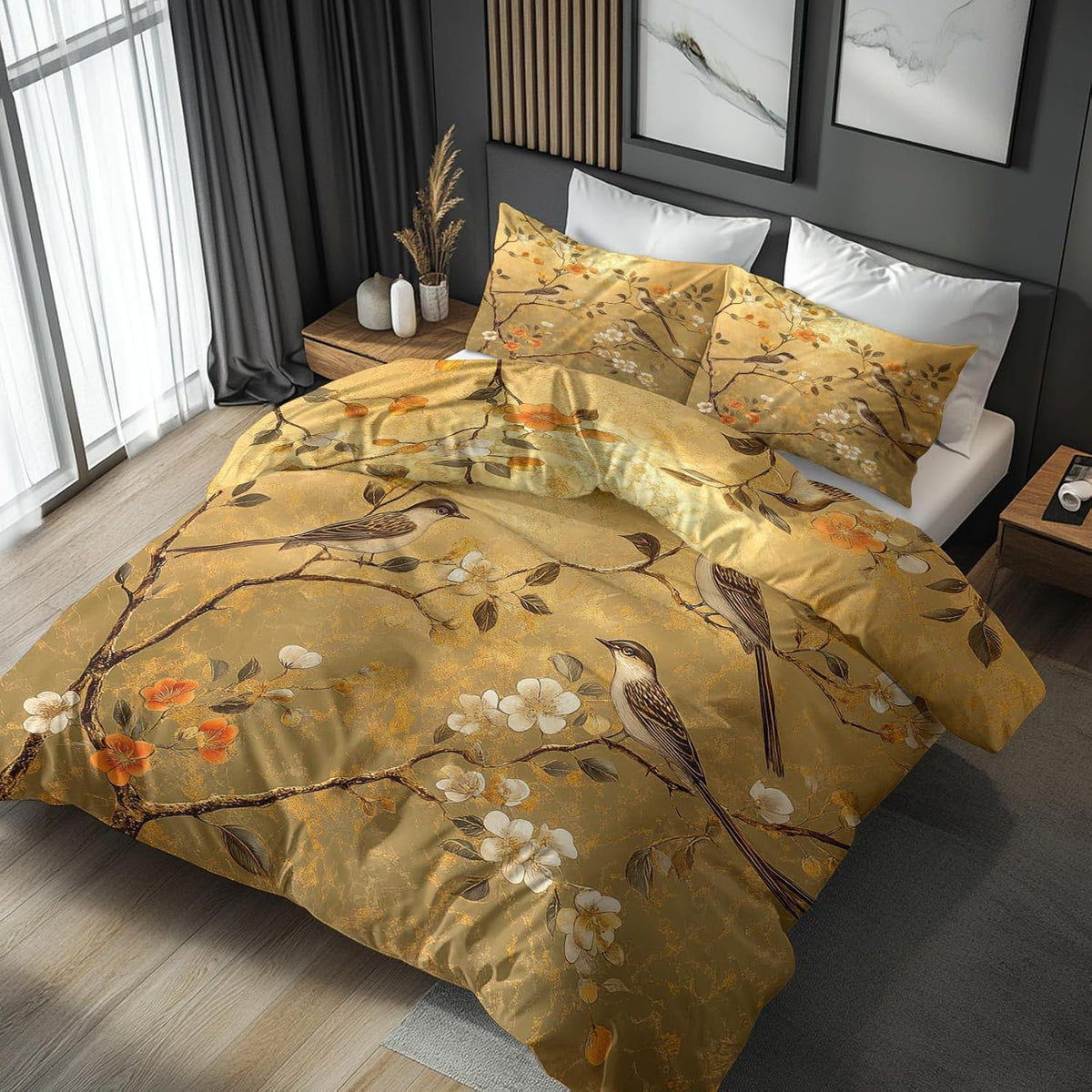 Oriental Vintage Floral Bird Microfiber Bedding Set
