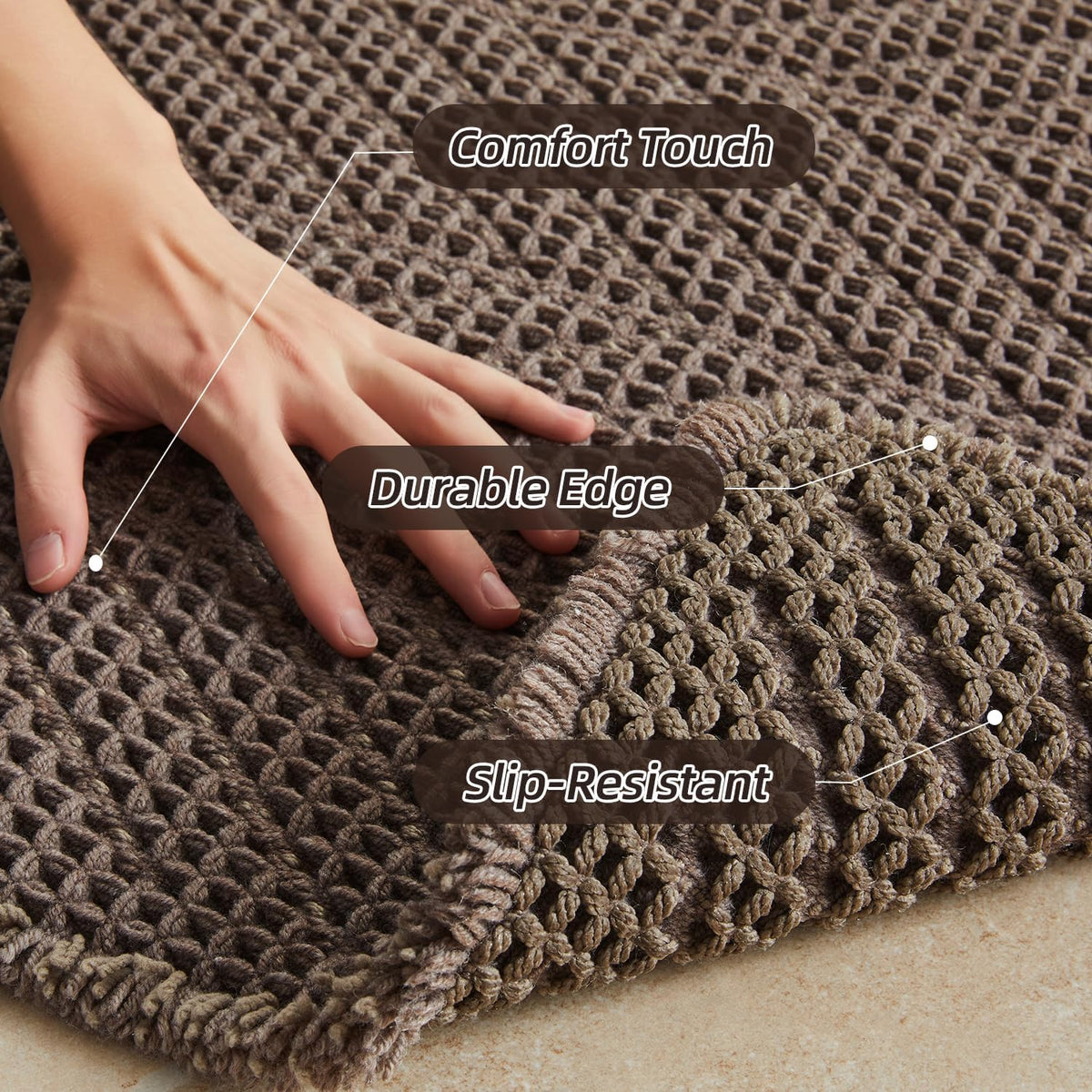Herringbone Waffle Non‑Slip Boho Bathroom Rug