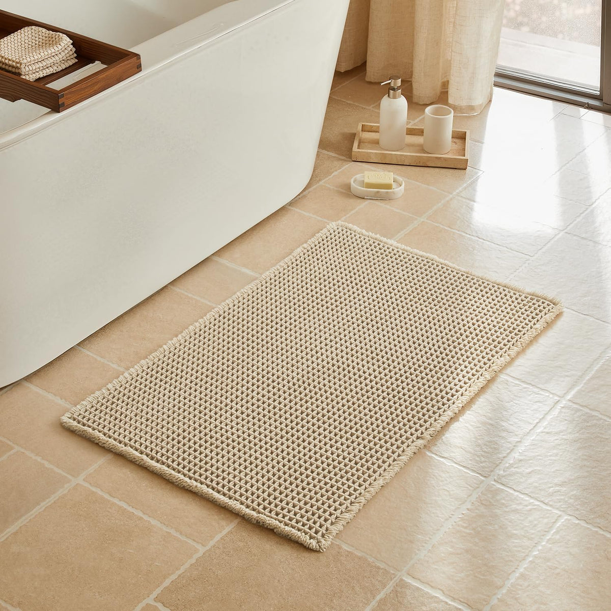 Waffle Absorbent Non‑Slip Boho Farmhouse Bathroom Rug