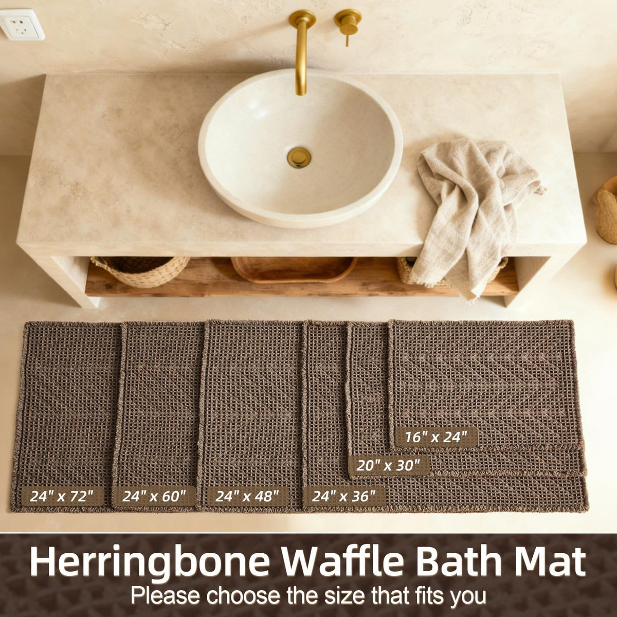 Herringbone Waffle Non‑Slip Boho Bathroom Rug