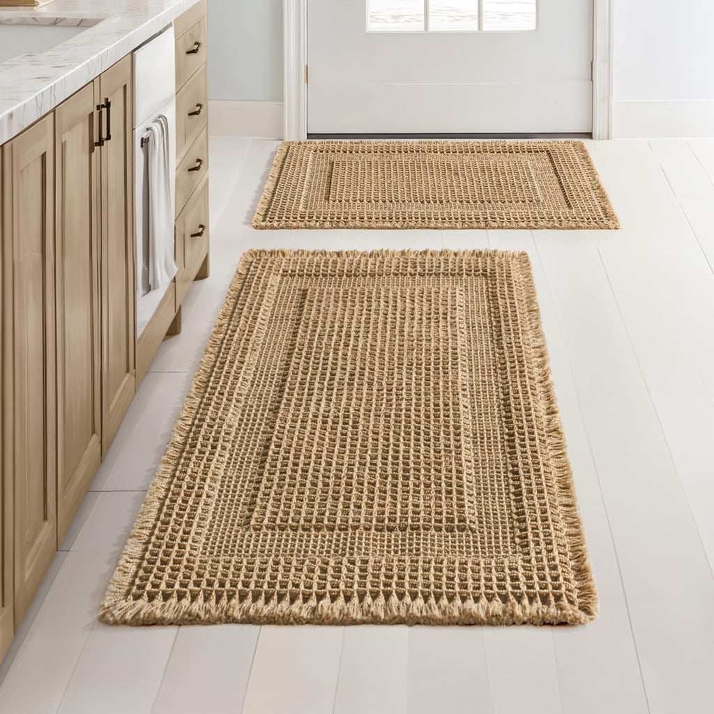 Waffle Absorbent Non‑Slip Boho Bathroom Rug Set