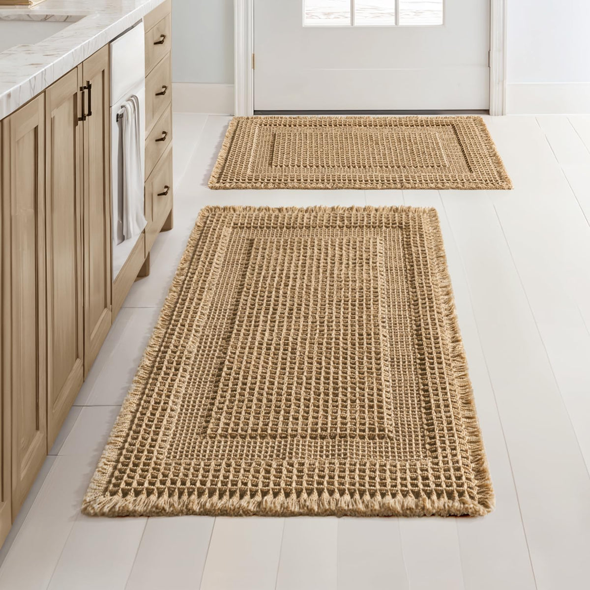 Waffle Absorbent Non‑Slip Boho Bathroom Rug Set