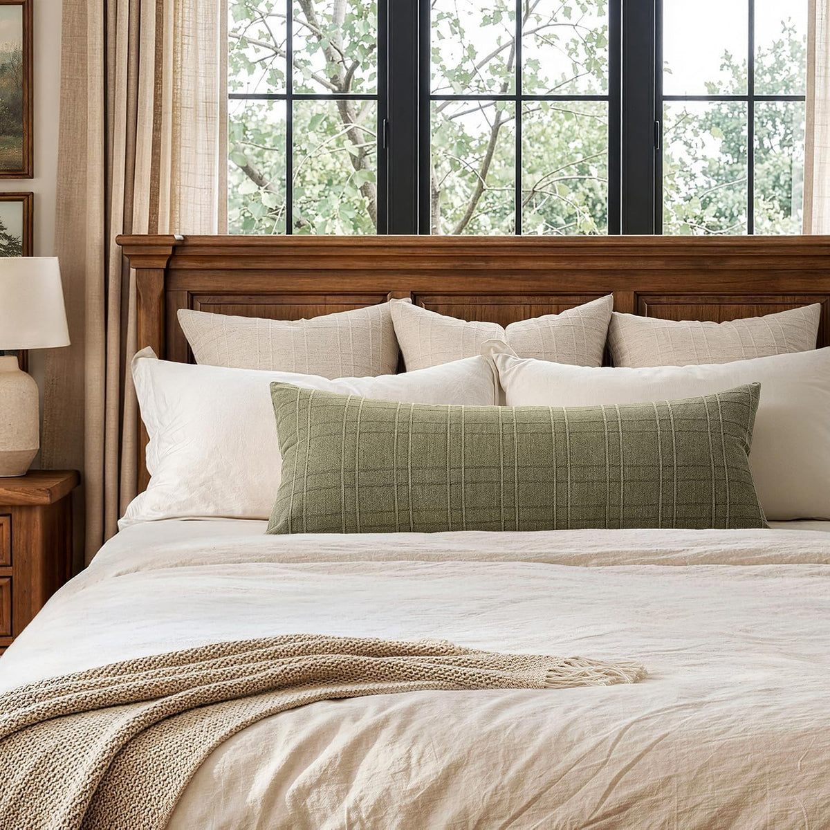 Farmhouse Check Linen Lumbar Pillow Cover