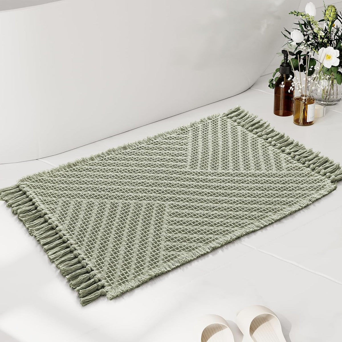 Waffle Non‑Slip Absorbent Boho Bathroom Rug