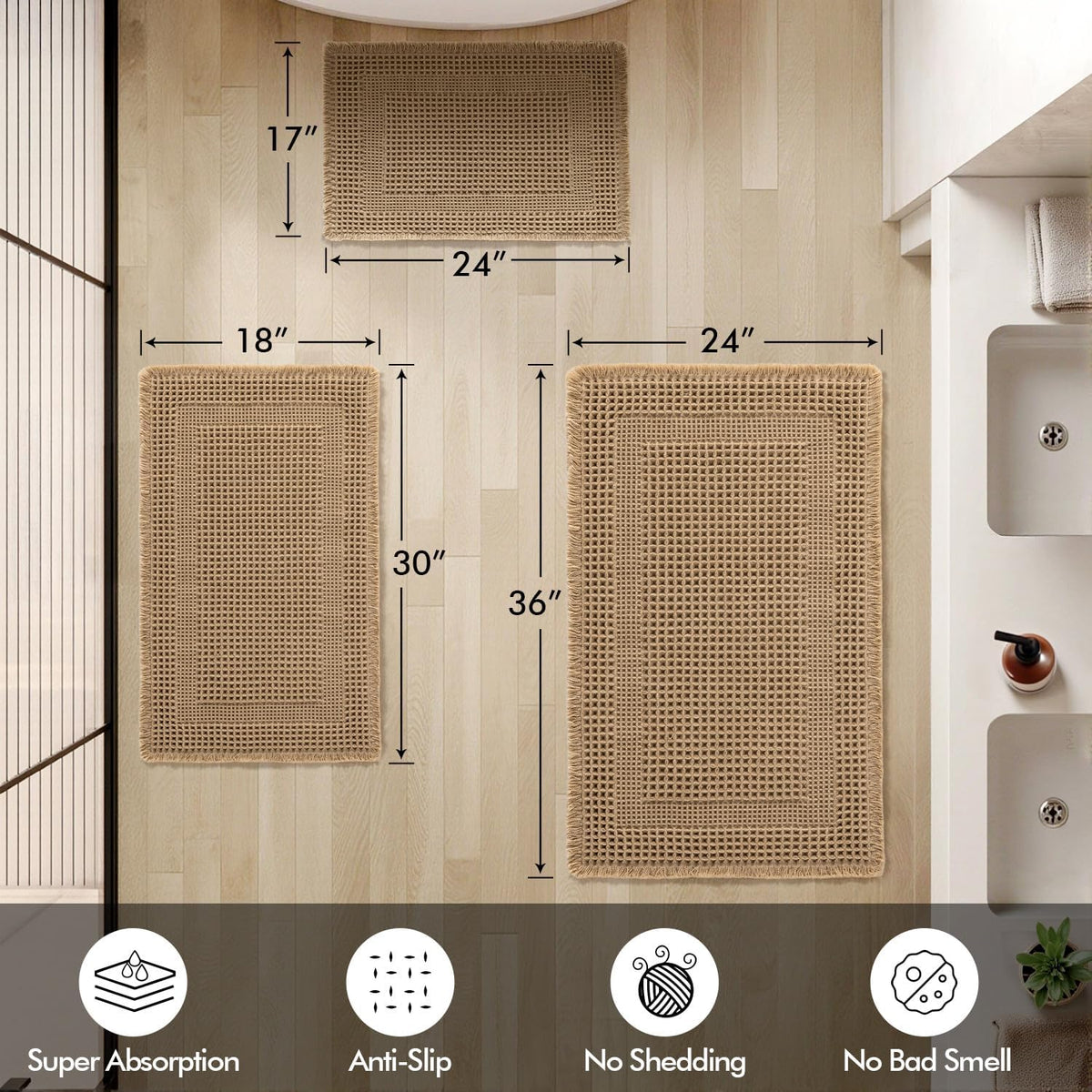 Waffle Absorbent Non‑Slip Boho Bathroom Rug Set